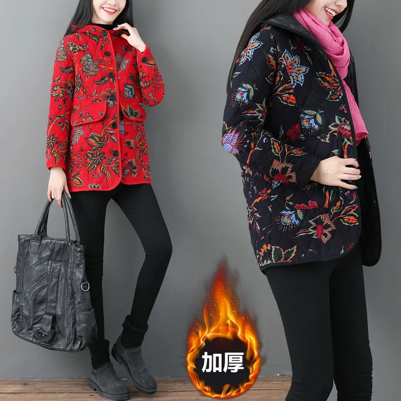 

2018 Autumn And Winter New Style National Style Large Size Printed Thick Quilted Hooded Tops Loose-Fit Ethnic-Style Cotton-padde
