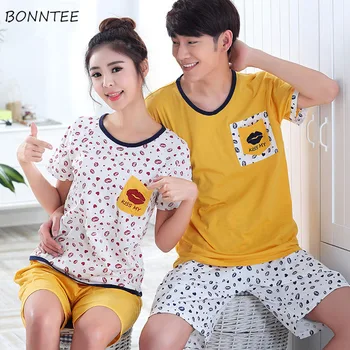 

Pajama Sets Women Couple Plus Size Summer Ulzzang Fashion Print Cotton Soft Womens Sleepwear Short Sleeve Sweet Girls Homewear