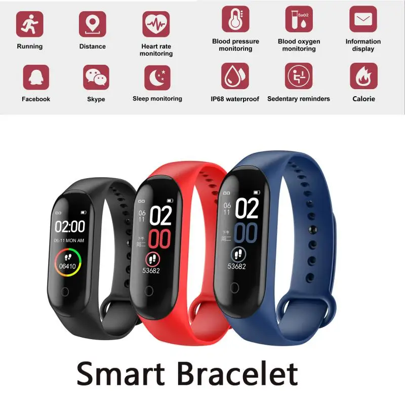 M4 Bluetooth Heart Rate Smart Watch For Android Samsung For IPhone X IOS Smart Bracelet  Fitness Tracker Fit Pedometers