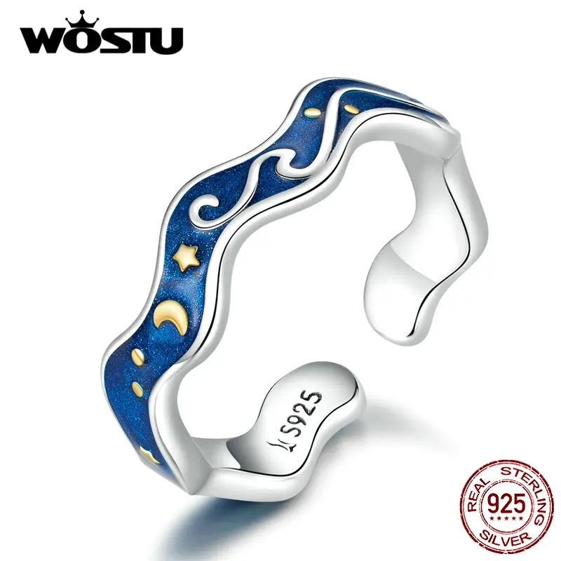 WOSTU Горячая Мода Настоящее 925 пробы Серебряное Звездное небесно-голубое кольцо для женщин обручальное регулируемое кольцо ювелирные изделия DXR608