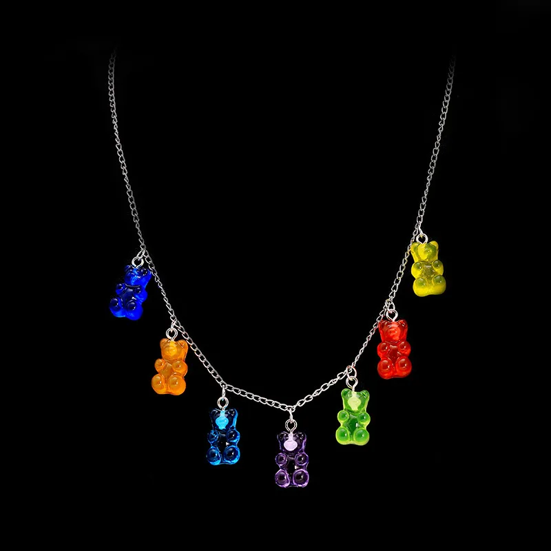 Gummy Mini Candy Bear 7 Color Cute Judy Cartoon Animal Pendants Bear Necklace Stainless Steel Choker Women Girl Bijoux Collare