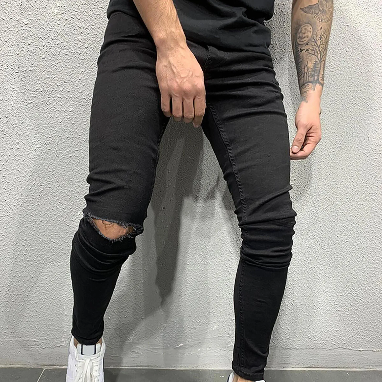 2021 Men's Fashion Denim Cotton Vintage Wash Hip Hop Work Trousers Jeans Pants Male Ripped Skinny Trousers Autumn #01 2
