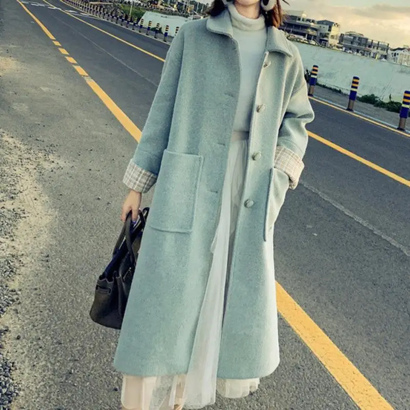 

Korean Plus Size Loose Casual Wool Blend Coat Solid Wool Elegant Oversized Warm Overcoat Cute Pockets Long Wool Blend Coat