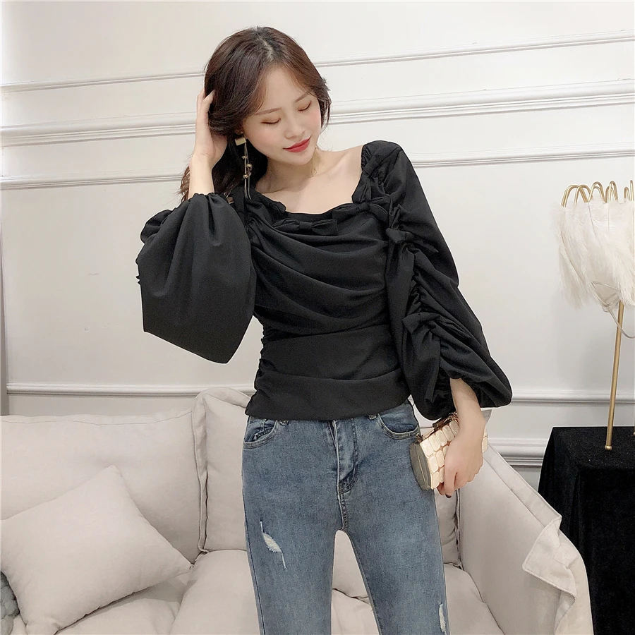 Neploe, асимметричный воротник без бретелек, Blusas, топ, Осень-зима, Корейская нижняя рубашка, фонарь, длинный рукав, одноцветные, тонкие блузки 55958