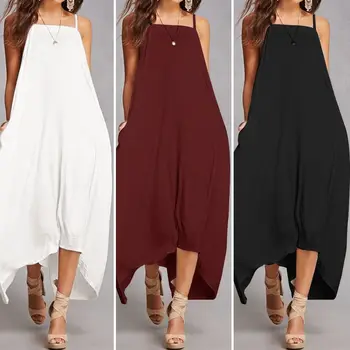 

ZANZEA 2020 Summer Sundress Women Mid Calf Vestidos Ladies Sleeveless Irregular Hem Baggy Dress Beach Party Pockets Robe Femme