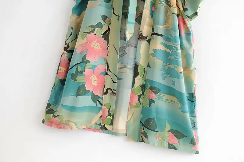 Happie Queens Vintage green Crane Floral Print Sashes  Women bohemian V Neck batwing Sleeves  happie robe Kimono cover-up plus size dresses