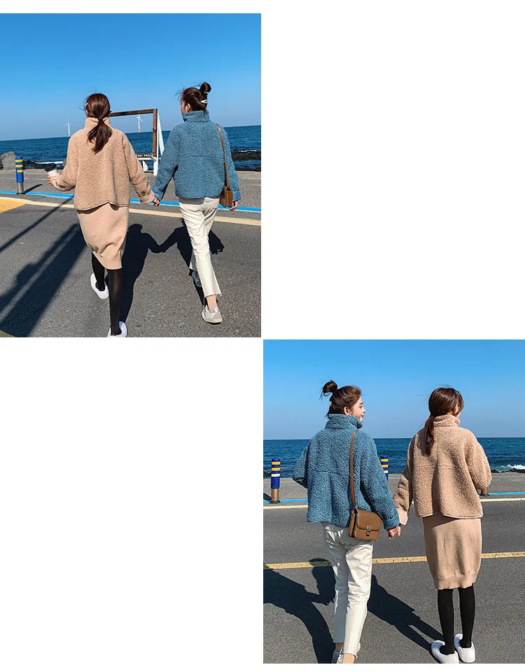 Chic Korean-style Short Loose-Fit Lambs Wool Thick Stand Collar Lace-up Best Friend-Cotton Overcoat Women's Winter Fashion