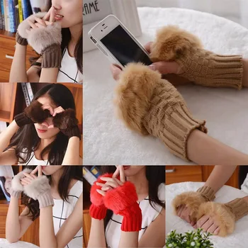 

1Pair Fashion Women Faux Rabbit Fur Hand Wrist Crochet Knitted Fingerless Gloves Knitting Mittens Winter Autumn Warmer