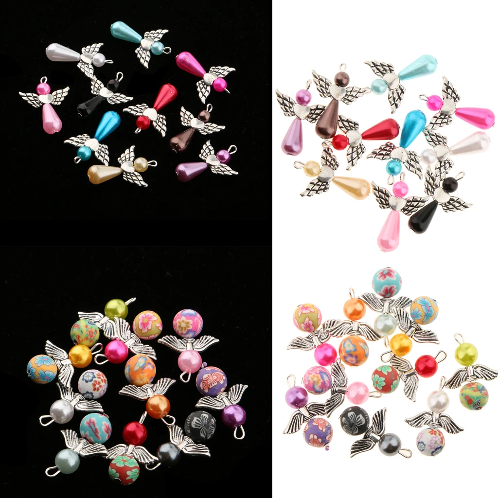 40 Pieces Mixed Angel Wings Drop/Heart Pendants Charms Beads Antique silver color Wings for Necklace Bracelet Jewelry Making Crafts