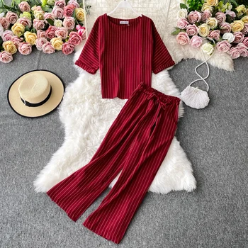 

High Street Fashion Suit set 2020 Autumn New Elegant Loose O Neck Striped Shirt Wide Leg With Capri-Pants Two-Piece Set women