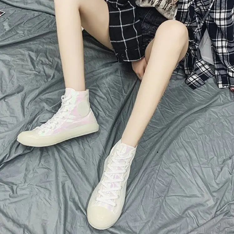 

2019 New Style Trendy Shoes Laser Jelly Colorful Crystal Bottom Versatile White Shoes Shell Powder Rainbow High Shoes Women's