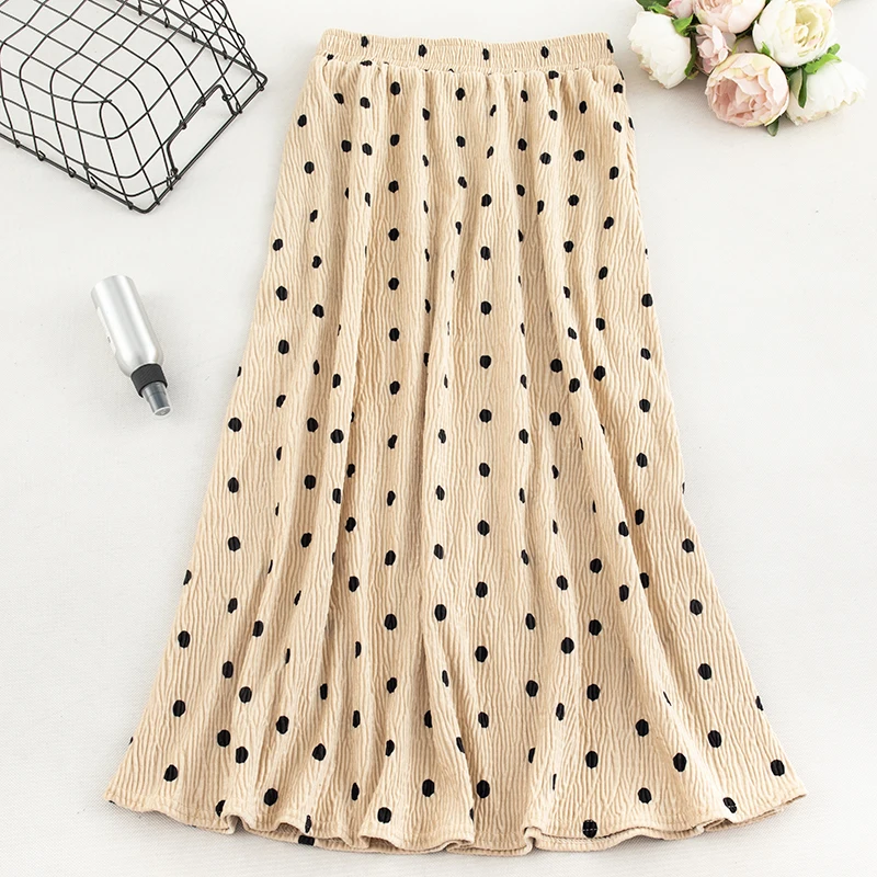 apricot dot SINGRAIN Женская винтажная велюровая юбка макси в горошек, осенняя теплая Клубная одежда с высокой талией, зимняя трапециевидная длинная бархатная юбка с леопардовым принтом - Цвет: apricot dot