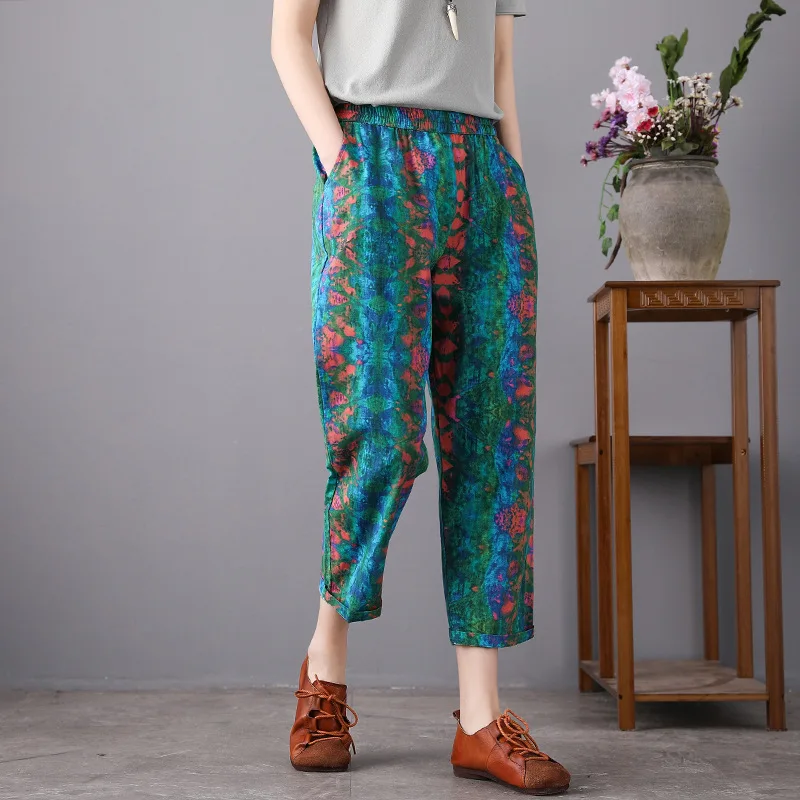 Original. Retro. Print. Cotton and linen pants. Summer new elastic waist casual pants. All-match pants. Harem pants women flower white capris Pants & Capris