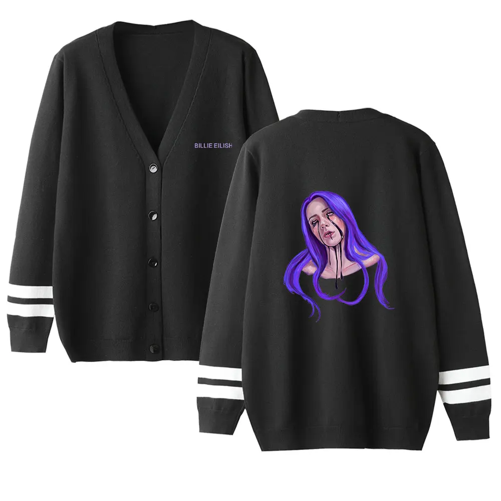 Billie Eilish женские Свитера Осень Зима Кардиган повседневные кардиганы с v-образным вырезом однобортный с пышными рукавами Свободная одежда kpop