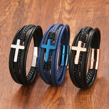 New Retro Men Gold Silver Black Stainless Steel Cross Leather Bracelet with  Magnetic Clasp Fashion Jewelry Gift Free Shipping