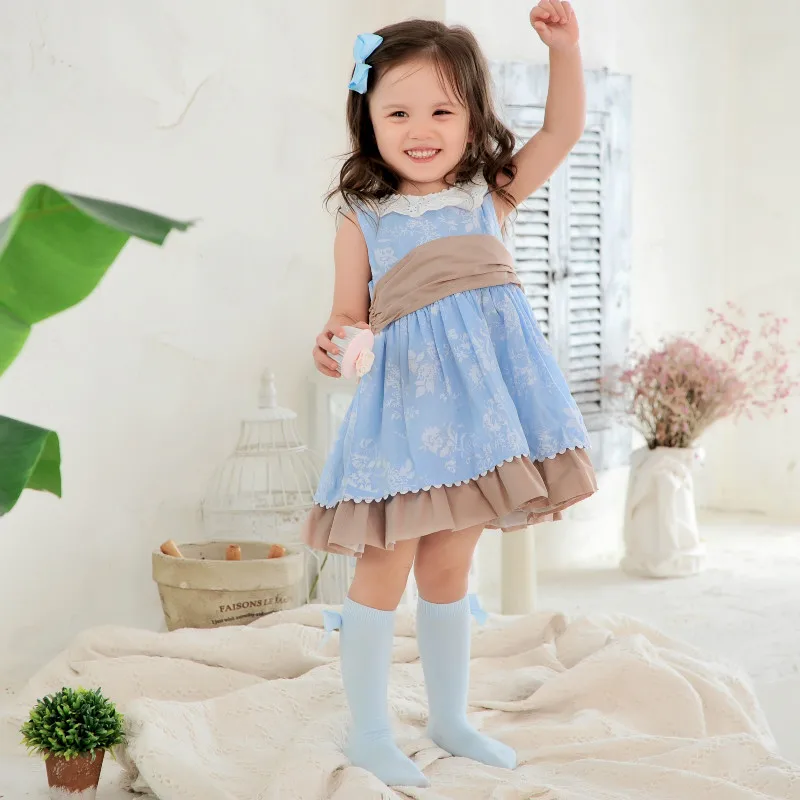2021Summer Spainish Baby Girls Dress Blue Print Cotton High Quality Sweet Fashion Princess Toddler Girl | Детская одежда и обувь