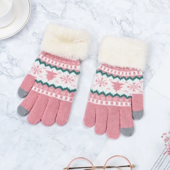 

Women Knitted Gloves Winter Full Finger Mittens Female Vintage Christmas Tree Snow Thicken Touch Screen Ladies Gloves Warm Luvas