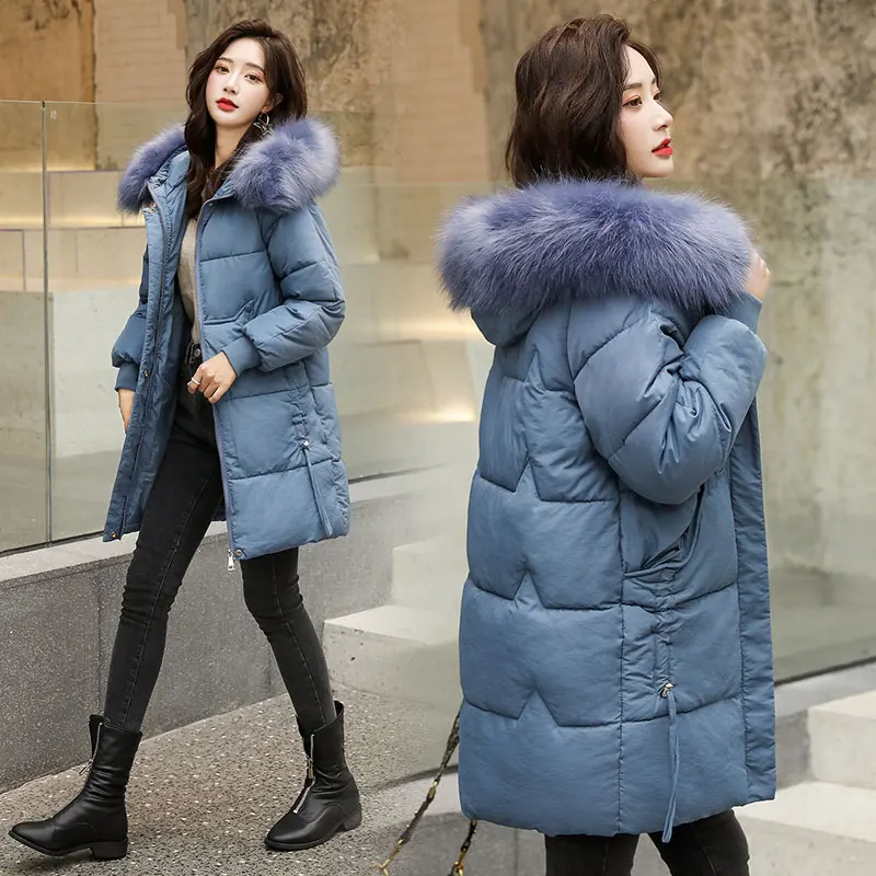

2021 Winter Parkas Women Hooded Long Cotton Coat Women Thick Warm Fur Collar Down Jacket Cotton Winter Loose Long Sleeve Parkas