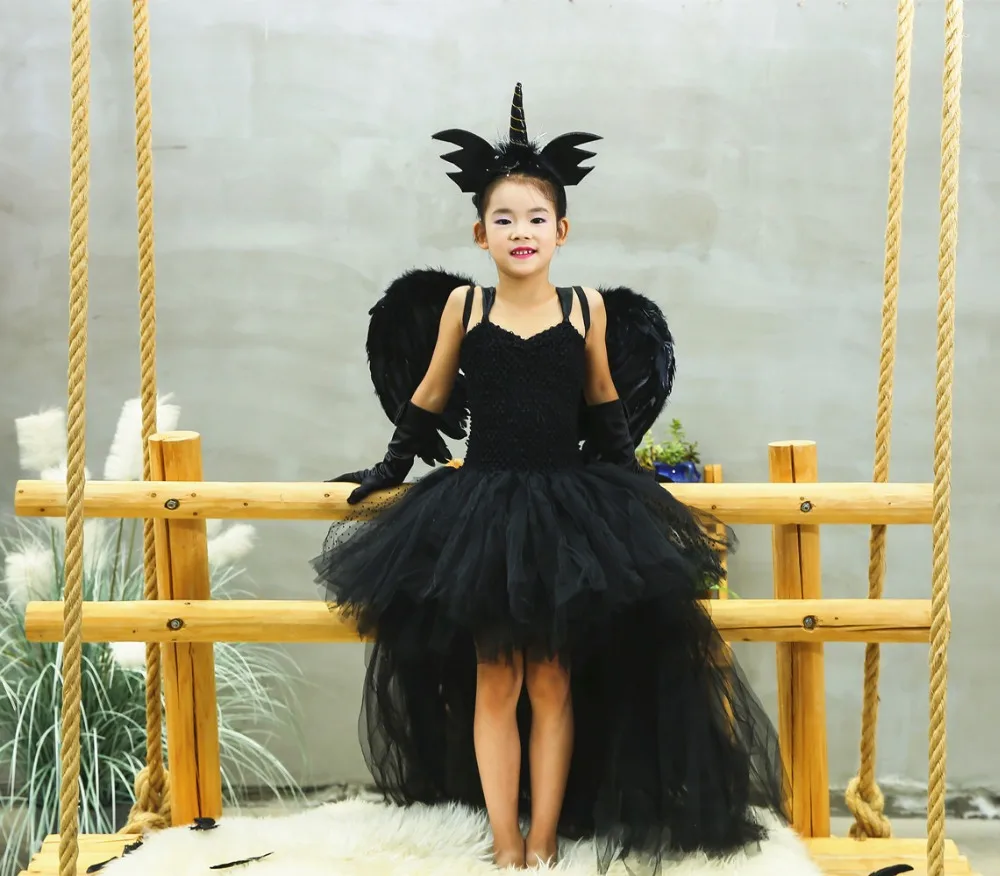 Платье-пачка черного Дьявол Ангел для девочек Тюлевое платье для девочек Детские комплекты с крыльями, головной убор Нарядное вечернее платье костюм на Хэллоуин