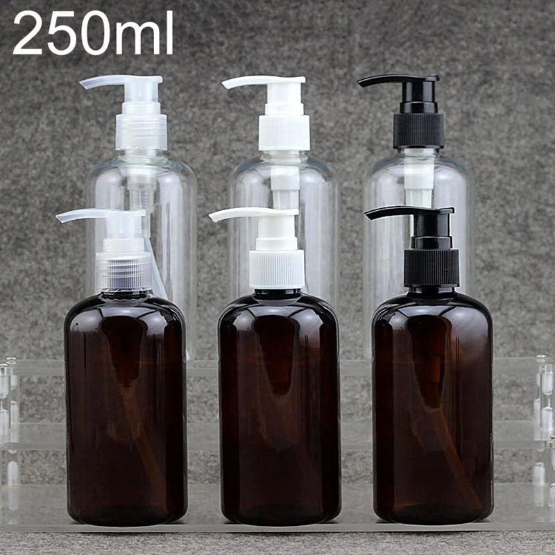 

250ml Plastic Pump Bottle Women Makeup Cosmetic Cream Lotion Packaging Shampoo Shower Gel Brown Clear Container Free Shipping