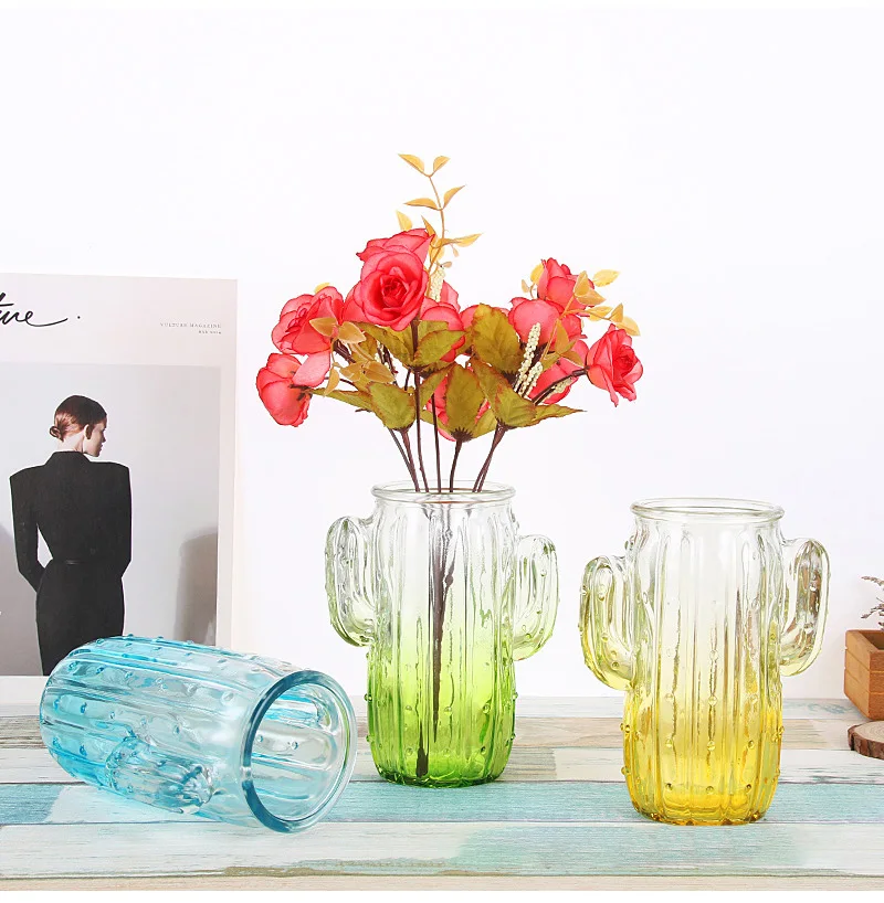 Gradient Colorful Cactus Vase Glass Flower Vase Home Decoration Figurines Miniature Model Art Vases Plants Holders Decoration