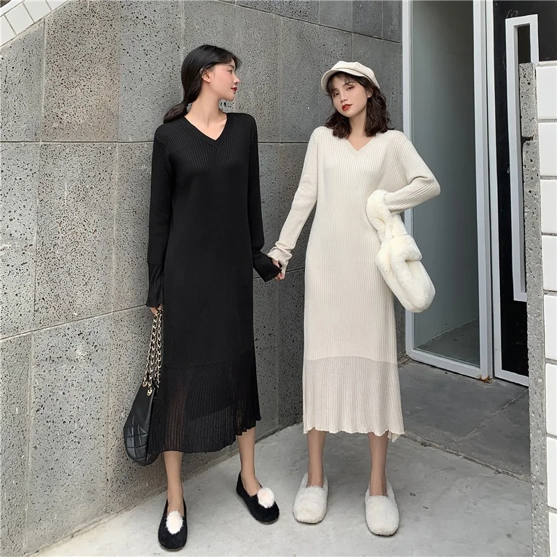 

Осеннее Женское Платье макси с длинным рукавом, вязаное платье с V-образным вырезом, длинные платья, свободное женское платье