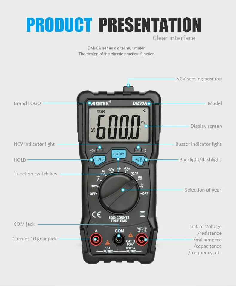 MESTEK DM90A NCV Цифровой мультиметр 6000 отсчетов Автоматический диапазон AC/DC Напряжение Ток Ом метр амперметр задний светильник большой экран