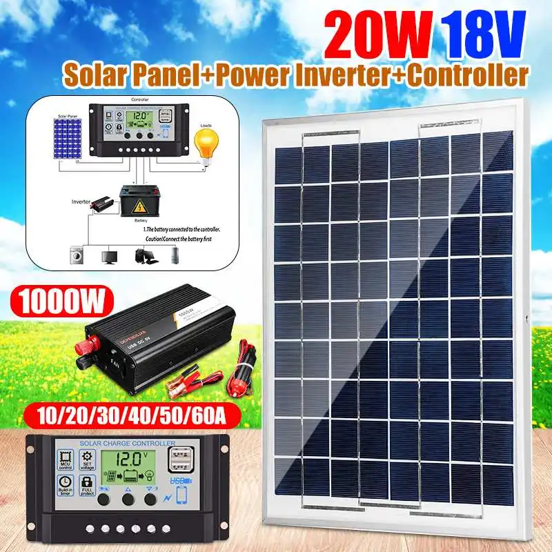 

20W Solar Panel System Kit Solar Cell 1000W Modified Sine Wave Power Inverter+10/20/30/40/50/60A Controller for Outdoor Charger