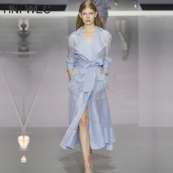 

2020 New Spring Summer Fashion Organza Turn-down Collar Full Sleeve Transparent Feather Female Vintage Windbreak V430