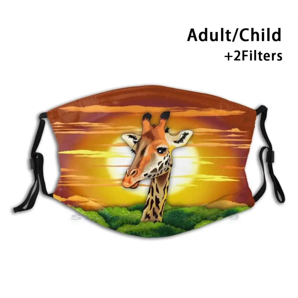 

Giraffe On Wild African Savanna Sunset Reusable Mouth Face Mask With Filters Kids Giraffe Animal Mammals Tall Portrait Wild