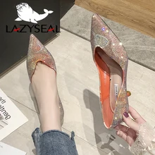 LazySeal/осенние туфли-лодочки с острым носком, украшенные кристаллами женская обувь без застежки на каблуке 6 см; новая классическая женская свадебная обувь для вечеринок
