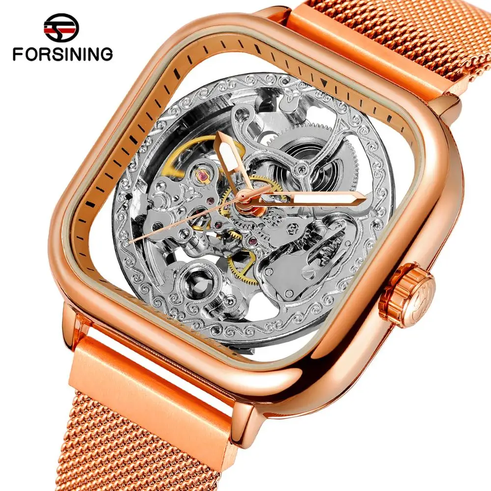 

FORSINING Mens Watch Square Dial Mesh Strap Mechanical Watch Ultra Thin Man Skeleton Automatic Clocks Rose gold Women's Watches