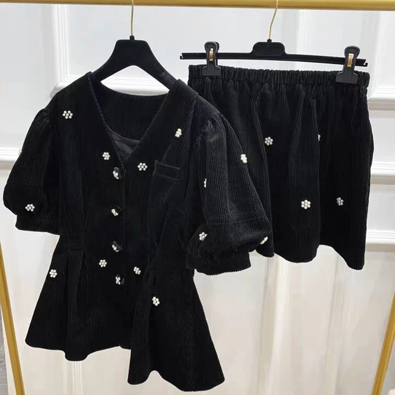 Новая мода дизайнерский Блейзер костюм набор женский с коротким рукавом с бусинами вельветовый пиджак и шорты