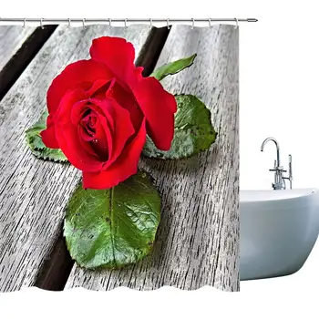 

Rose Flower Shower Curtains, Red Rose with Green Leaves on Old Wooden Board, Fabric Bathroom Curtain Set with Hooks, 71X 71