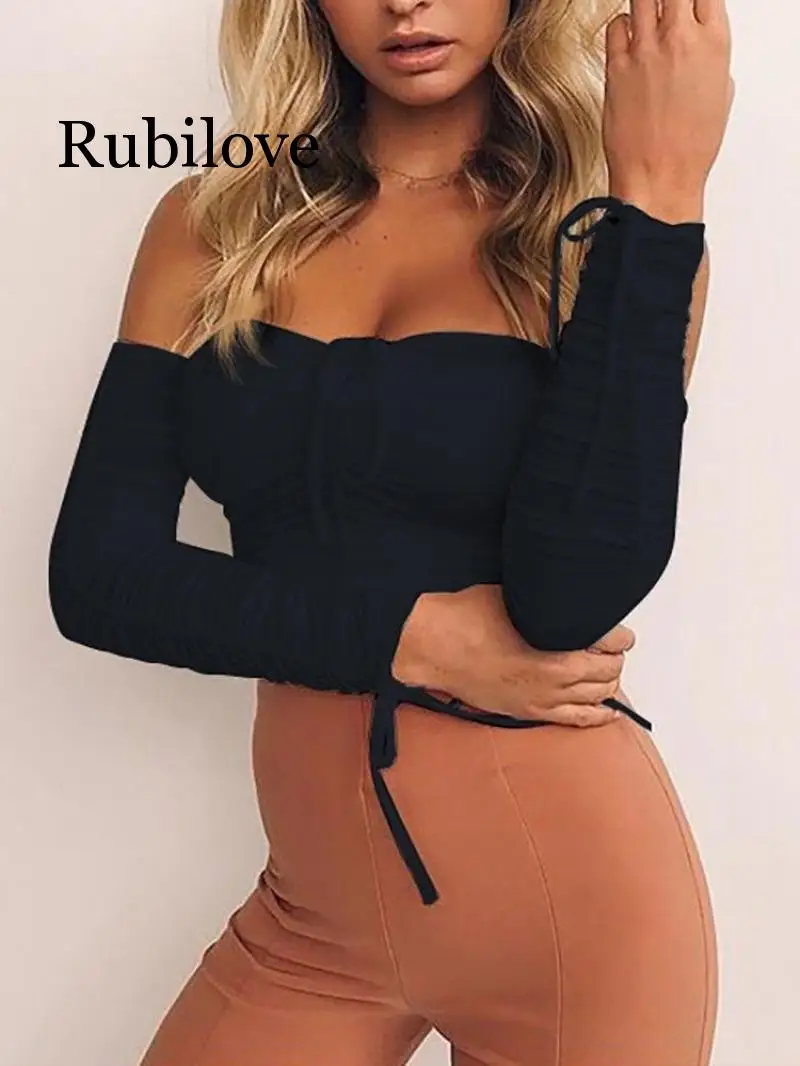 Rubilove, сексуальная модная Женская Клубная одежда с открытыми плечами и повязкой, новинка, летние укороченные топы, облегающие с рюшами, однотонная повседневная майка Топы