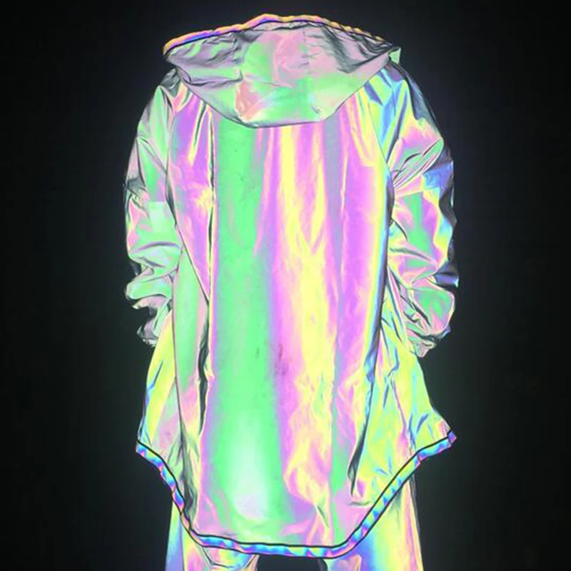 Женское светящееся пальто Светоотражающая Куртка Свободная с капюшоном женская светящаяся в ночное время хип-хоп Уличная одежда топы Красочные неровные блестящие куртки