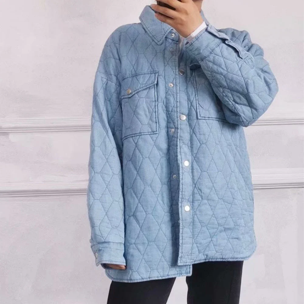 

Fashion Cotton Women Denim Winter Autumn Bomber Jacket Down Coat Vintage Long Sleeve Pockets Lapel Button Female Outerwear Coats