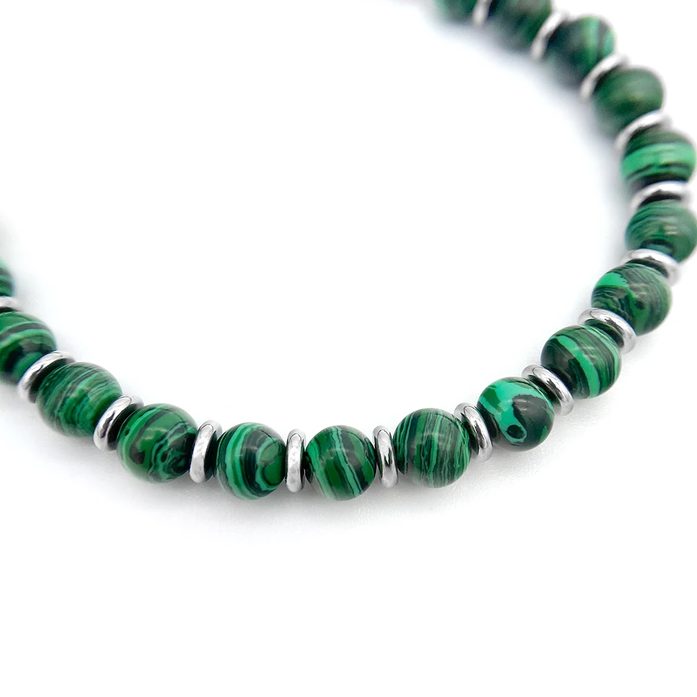Runda Men's Natural Stone Bracelet Malachite 6mm with Stainless Steel Adjustable Size 22cm Handmade Bead Bracelet for Women