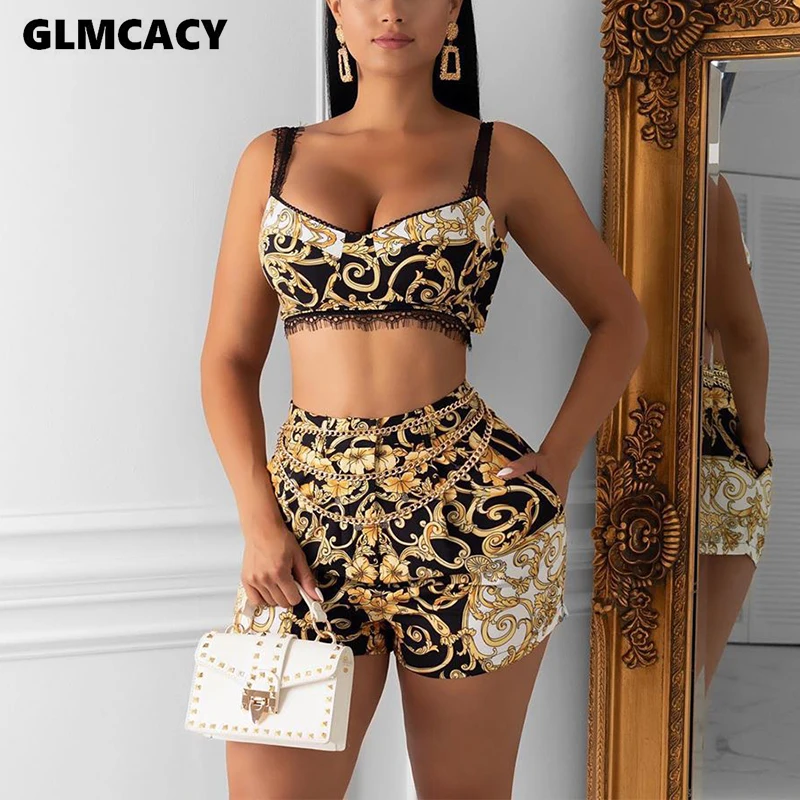 Women Sexy Lace Insert Two Pieces Sets Spaghetti Strap Crop Top and Skinny Shorts Vintage Printed Sexy Party Clubwear Women Sexy Lace Insert Two Pieces Sets Spaghetti Strap Crop Top and Skinny Shorts Vintage Printed Sexy Party Clubwear