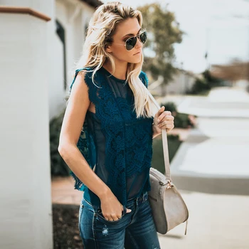 

Women Tee Shirts 2020 Spring Summer Sleeveless Floral Lace Tops Ladies Casual Blouse Translucent Loose camisetas sin mangas D30