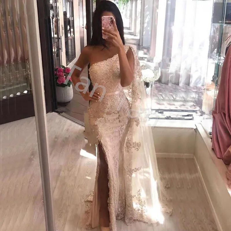 Chic Mermaid One Shoulder Lace Formal Dress with Cape Plus Size Long Arabic Kaftan Dubai Evening Prom Dresses Elegant