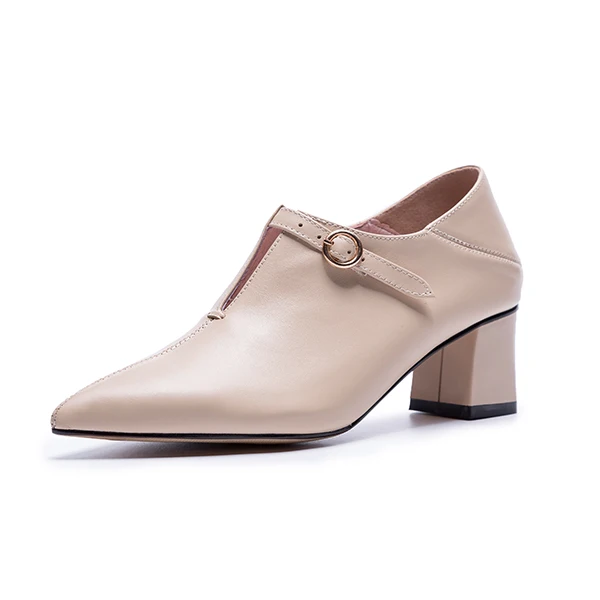 Apricot RJN Genuine Leather Women Pumps Sexy Pointed Toe High Square Heel Stylish Buckle Decoration Slip-On Ladies Pumps For Job RO30 - Цвет: Apricot