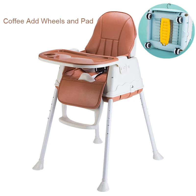 Переносное детское кресло для кормления грудью, детское кресло для кормления, регулируемые складные стулья для детей, обеденный стол, детский стульчик для кормления - Color: Coffee Add Wheel Pad