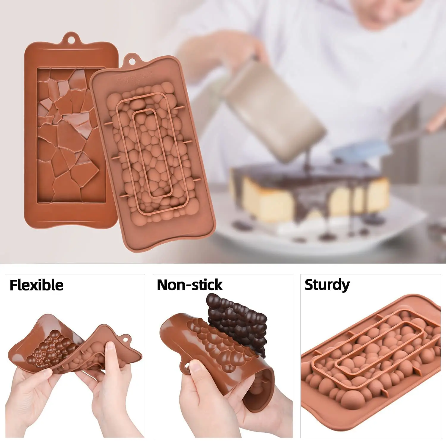 2 Pcs Break Apart Chocolate Molds Silicone Deep Candy Bar Molds