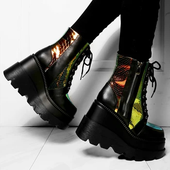 online Sapatos Rendas-up Botas De Outono Das Mulheres Senhoras Chunky Plataforma Preto Botas De Tornozelo De Couro De Patente Punk Goth Nova Chegada 2020