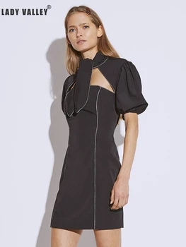 

Free Shipping Bandages Bow Collar Sexy Hollow Out Waist Hip Bag Dress Lady Summer Bubble Short Sleeve Hit Color