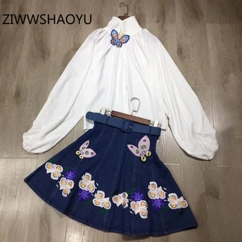 

ZIWWSHAOYU Autumn Women Fashion Casual Skirt Suits Runway Designer White Appliques Tops And Denim Skirts 2 Two Pieces Set