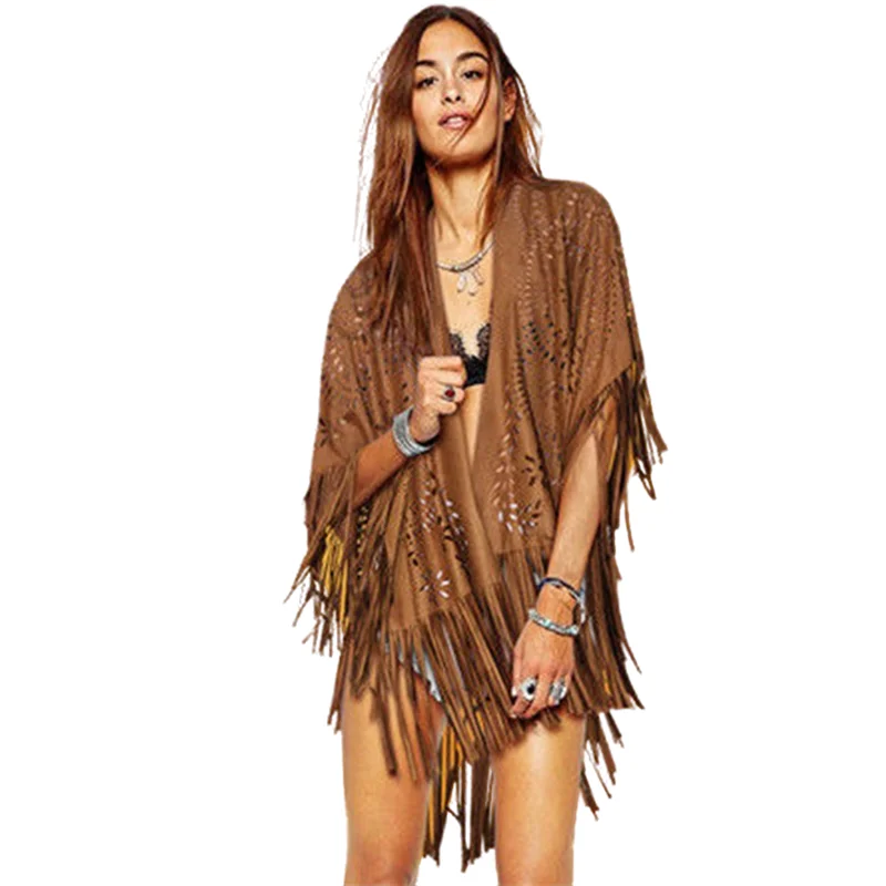

Vintage Tassel Shawl Women Casual Jacket And Cape Loose Cardigan Suede Leather Poncho Women Coat Solid Batwing Sleeve Veste