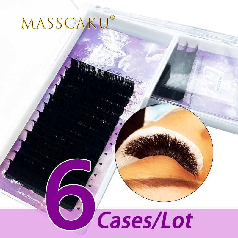 MASSCAKU 6case/lot spplies oem 100% handmade natural soft false lashes mixed length mink eyelash easy fanning eyelash extension