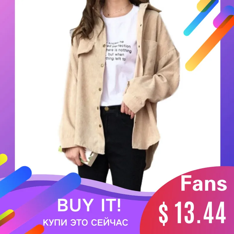 Best Corduroy Shirt Coat Women Fashion Long Sleeve Preppy Wide Waist Turn Down Collar Crop Jacket Women Harajuku Casual Pocket Jaket